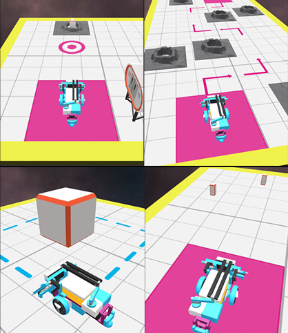 These screen shots of the curriculum show a 3D floor grid outlined in yellow with gray obstacles that a blue and white car-like robot will navigate around..