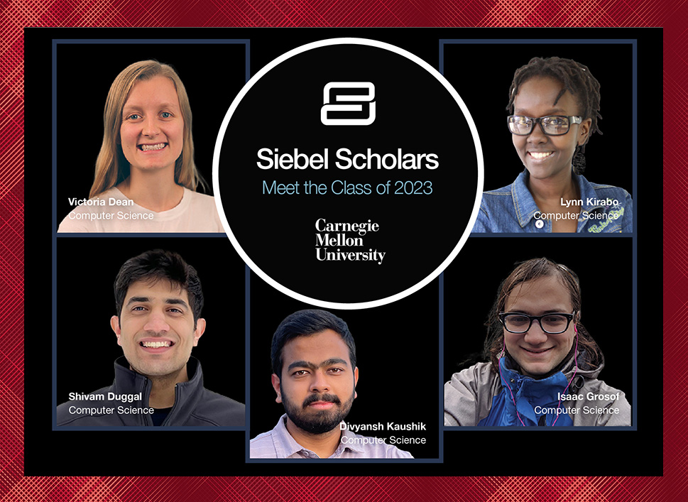 Collaged portraits of the Siebel Scholars: Victoria Dean, Shivam Duggal, Isaac Grosof, Divyansh Kaushik and Lynn Kirabo 