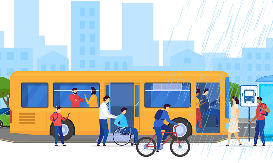 This illustration shows a street with a bus in the foreground and skyscrapers in the background. People are boarding the bus, while a man rides a bicycle on the sidewalk.