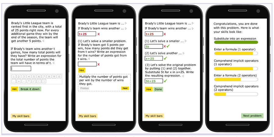 Four screen shots from a cell phone show the progression of solving a math problem with the AI math tutoring program.
